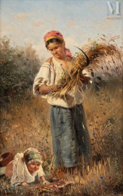 Paysanne à la gerbe de blé et son enfant